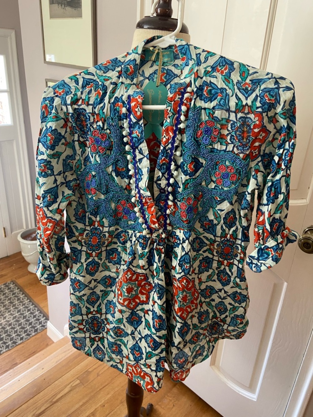 Boho Floral Embroidered V-Neck Blouse - Teal & Coral